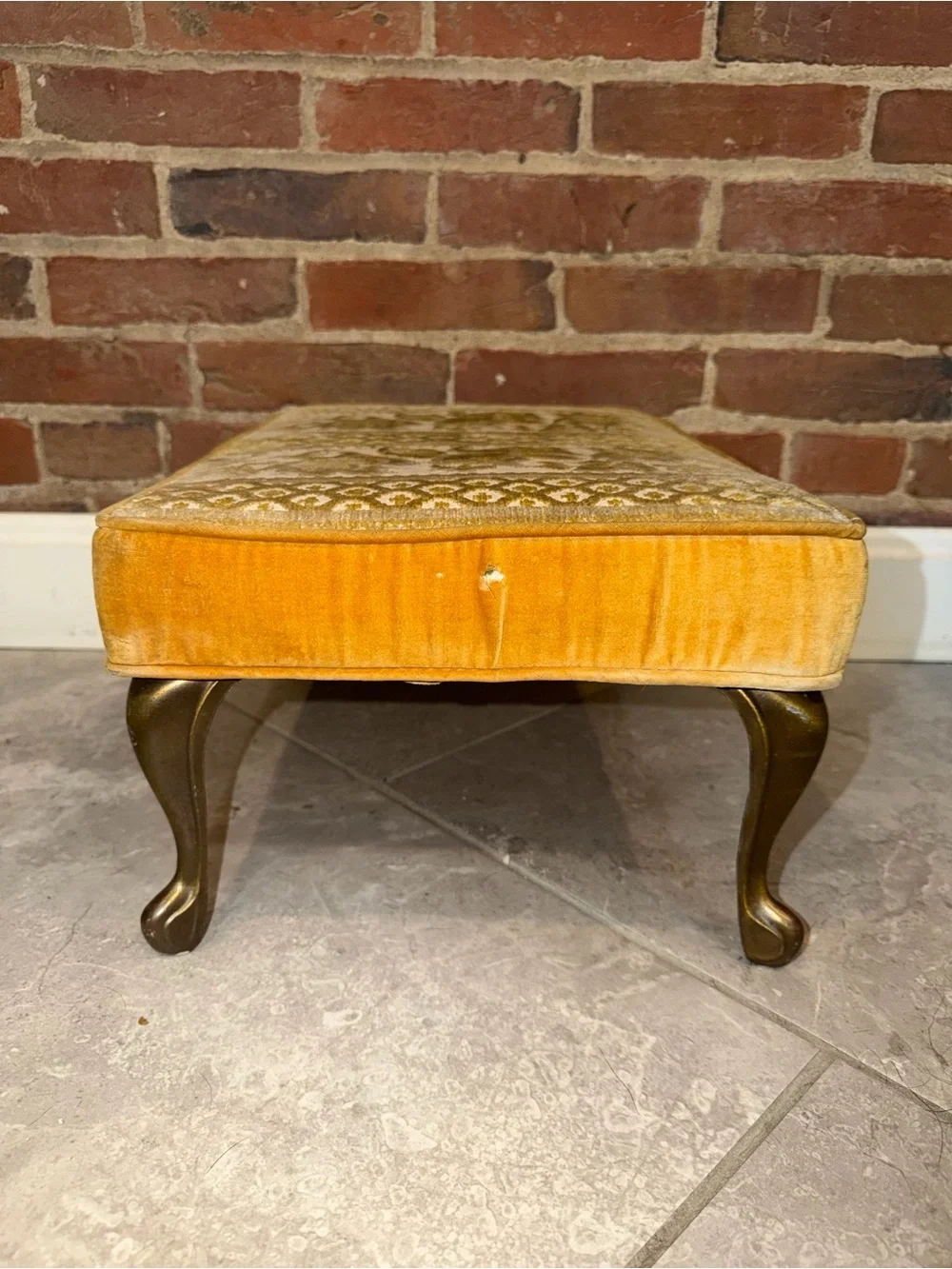 MCM‎ Small Gold Cut Velvet Brass Leg Footstool Ottoman